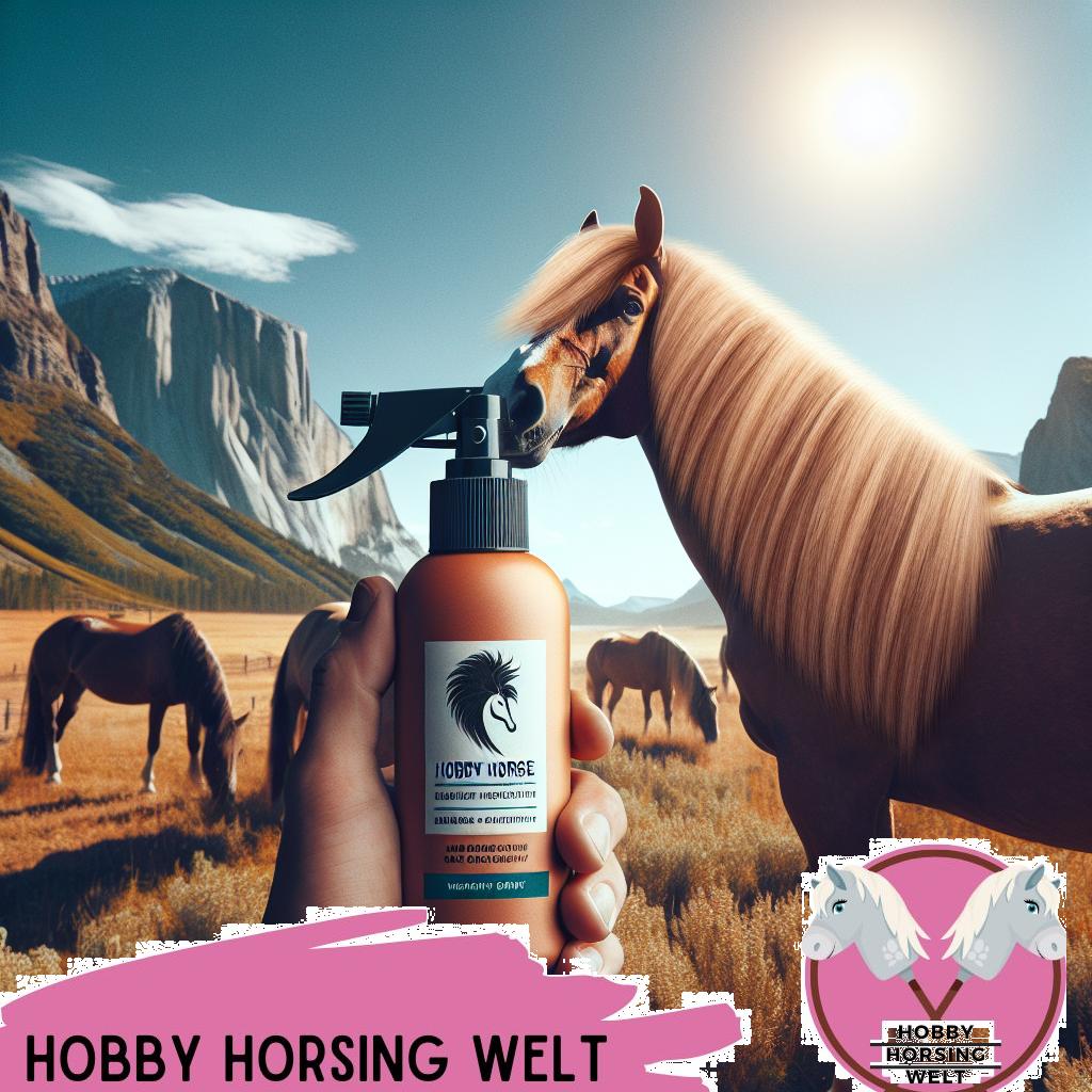 ALT-Text: Flasche mit Pflegespray für Mähne und Schweif, ideal für die Pflege beim Hobby Horsing, mit einer sprühbaren Düse und ansprechendem Design.