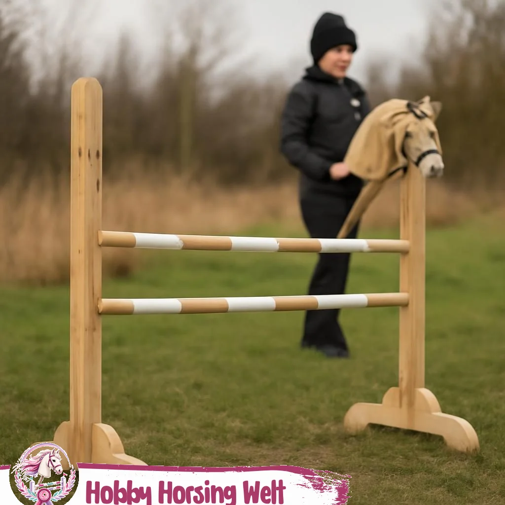 Hindernis für Hobby-Horse auf Trainingsplatz mit bunten Stangen