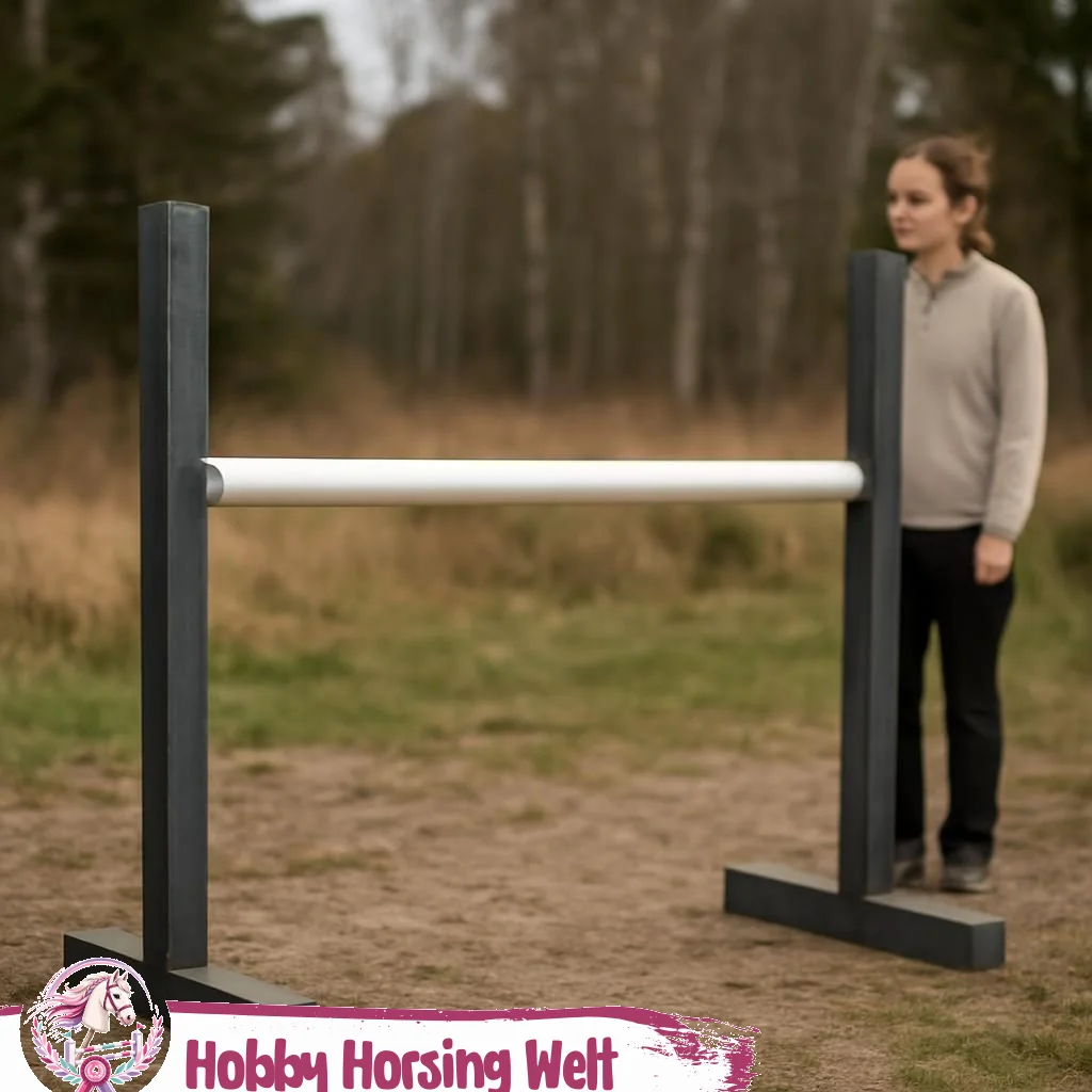 Parcours mit Hindernissen für Hobby-Horse, bunte Stangen und niedrige Hürden
