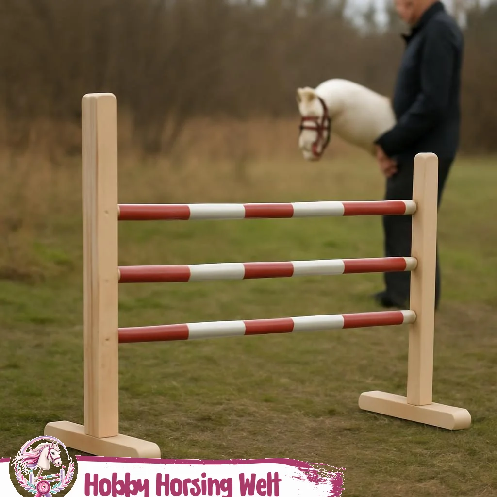 Hobby-Horse-Hindernis aus Holz mit bunten Stangen auf Trainingsplatz