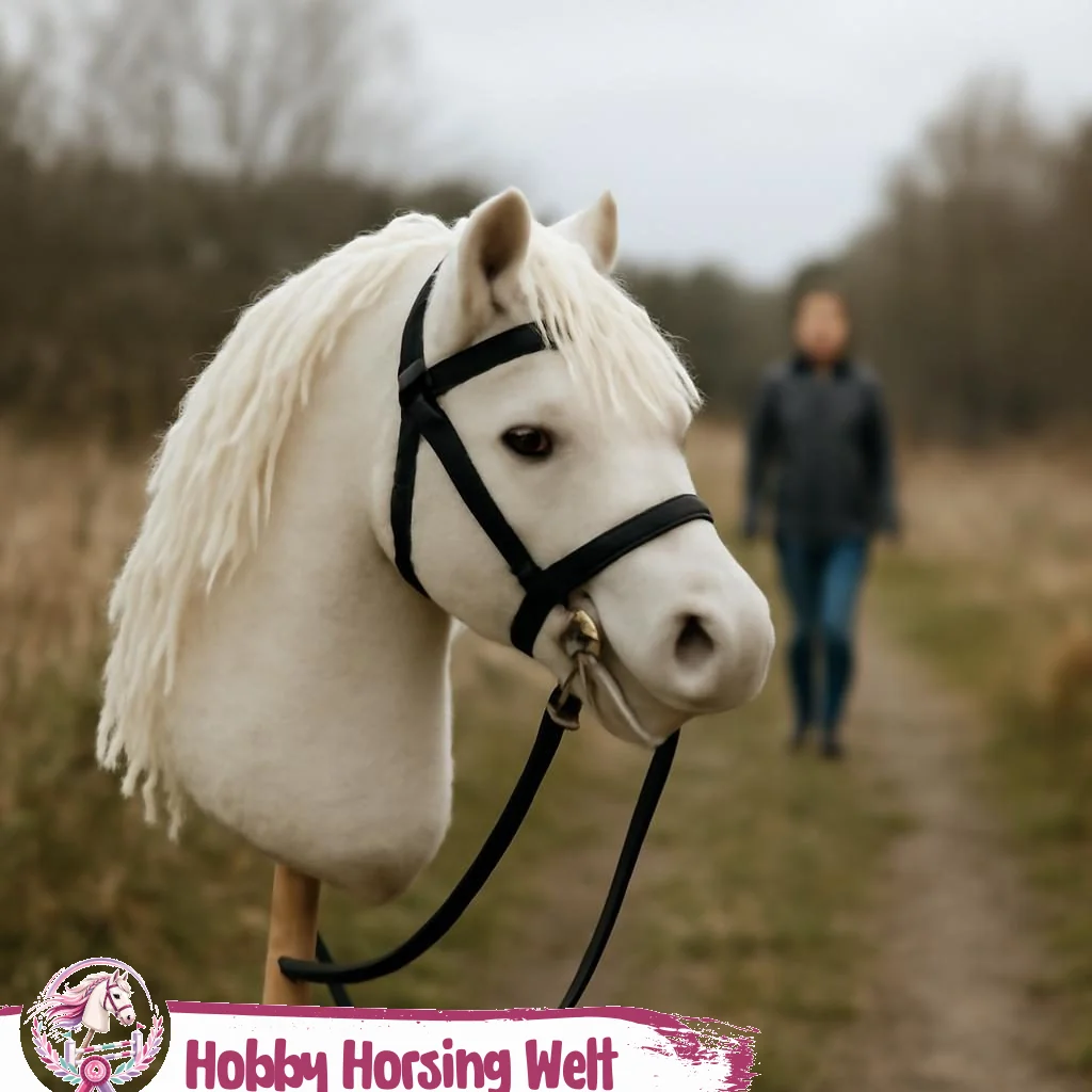 Hobby-Horse mit Trense auf Holzstab, Nahaufnahme eines Stoffpferdekopfes
