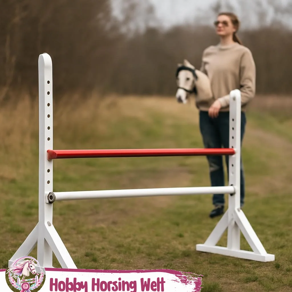 Sprunghindernisse für Hobby-Horse auf Reitplatz mit bunten Stangen