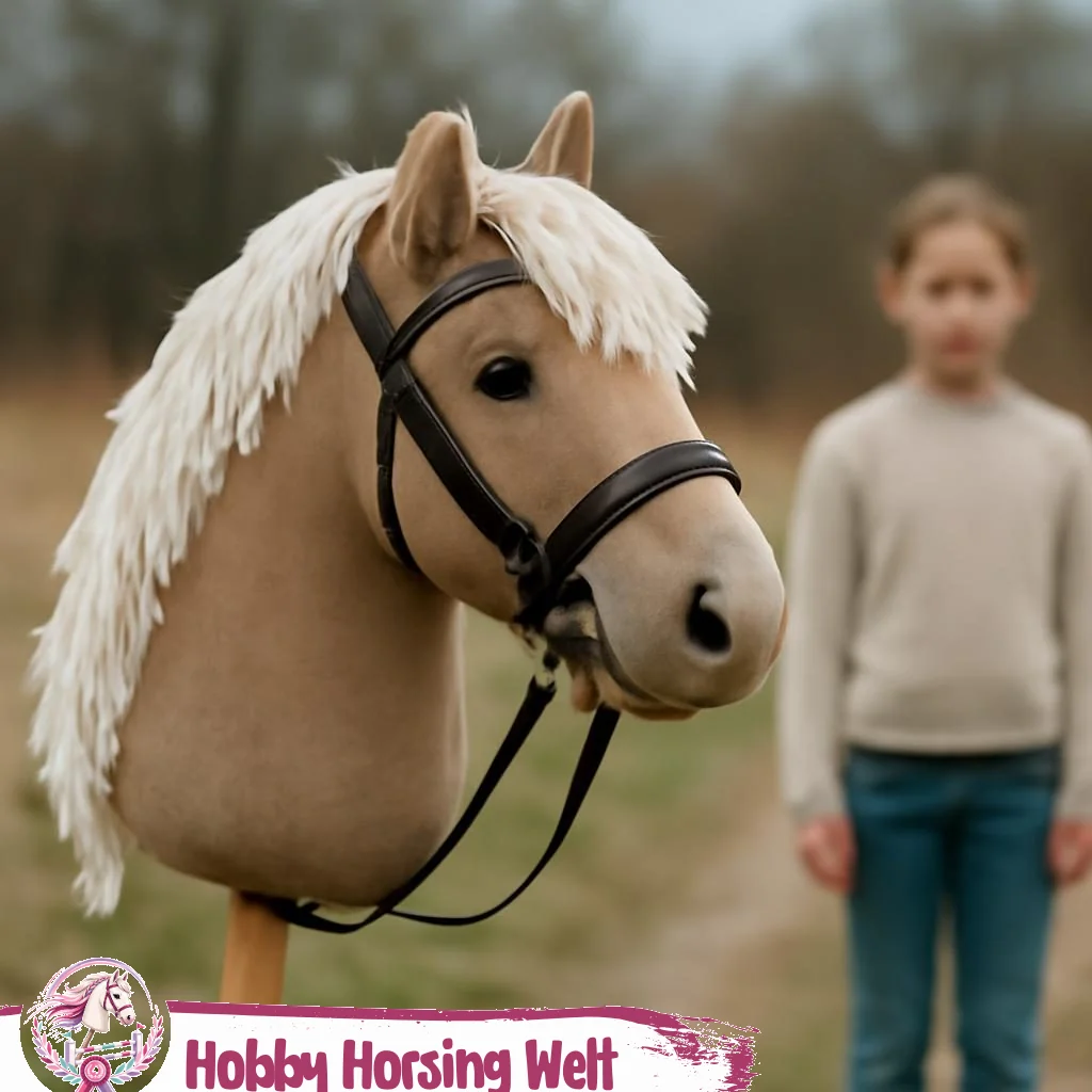 Kind mit Steckenpferd für Kinder auf grüner Wiese