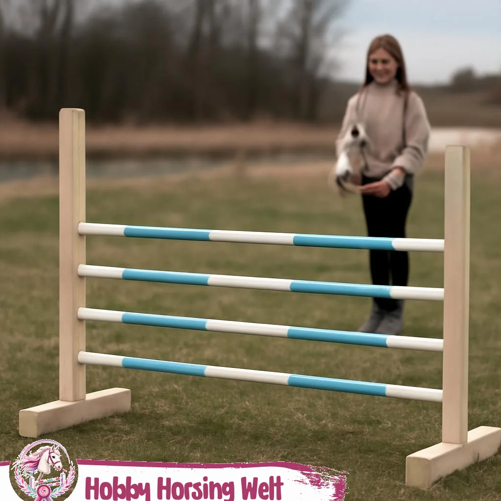 Hobby-Horse-Hürde auf Reitplatz mit bunten Sprungstangen