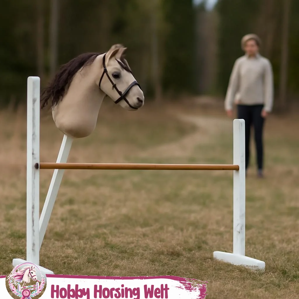 Hürde für Hobby-Horse aus bunten Stangen auf Trainingsplatz