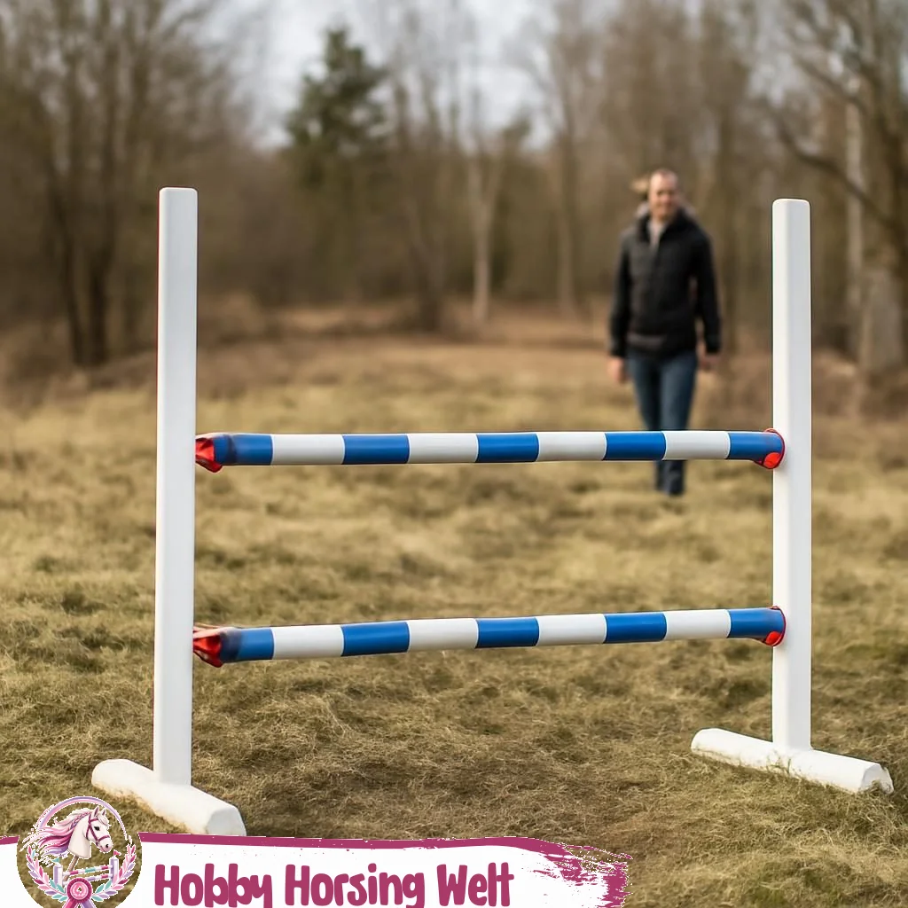 Springhindernisse für Hobby-Horse auf Parcours mit bunten Stangen